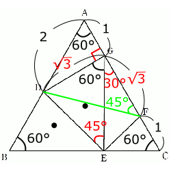 中学　数学　問題演習　正三角形ABCでここまで求まった数値を書き込んだもの