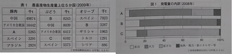 中学　社会　問題演習　農畜産物生産量上位5か国とイタリア・ドイツ・フランスの発電量内訳