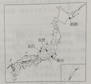 中学　社会　問題演習　気候を説明した都市の位置を示した日本地図