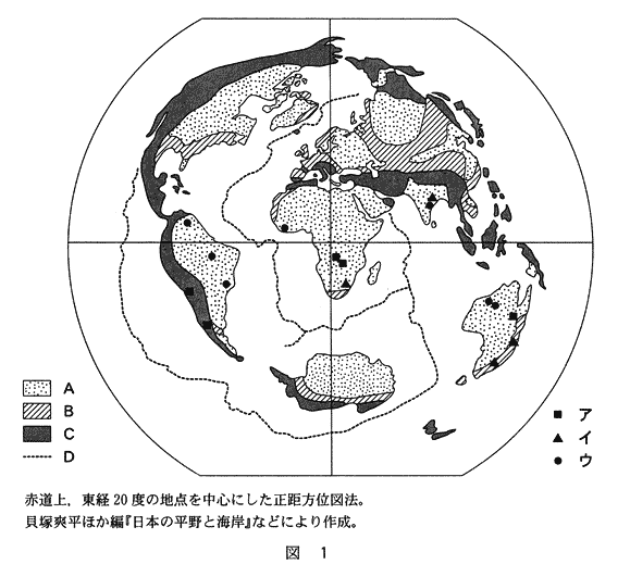 高校　地理　問題演習　世界の大地形である安定陸塊，海嶺，古期造山帯，新期造山帯を示した世界地図