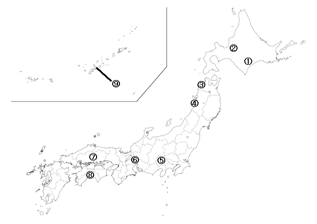 高校　日本史　問題演習　日本の特定の地域における農業を説明した文の選択肢を示した地図