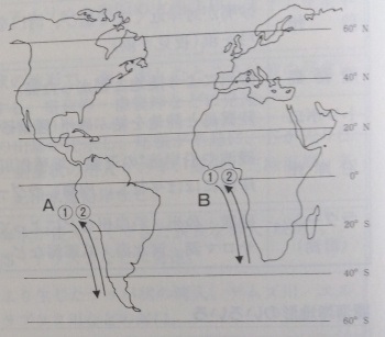 高校　地理　問題演習　南アメリカ大陸とアフリカ大陸の近辺の海流を示した地図