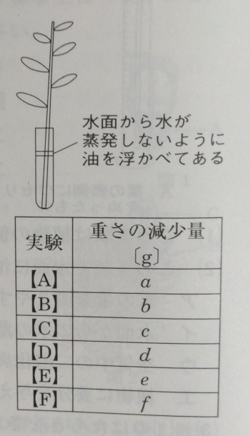 中学　理科　問題演習　蒸散の実験の図とどの試験管がどの記号かを示した表